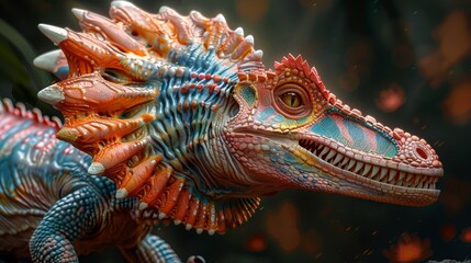 A colorful dinosaur with a frill around its neck and a beak-like snout