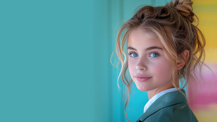 Russian school girl student in green uniform smiling isolated on pastel