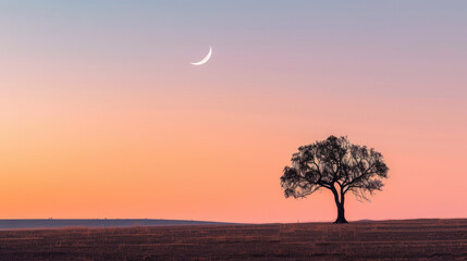 Canvas Print - Lone tree under a twilight canopy with crescent moon and stars in a pastel sunset sky