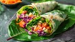An appetizing vegetarian burrito wrap stuffed with a colorful array of tomatoes cucumber soy meat lettuce purple cabbage and carrots all nestled on a halved banana leaf for that extra touch