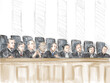 Pastel pencil pen and ink sketch illustration of a courtroom trial setting with supreme court judge or justices on a court case drama in judiciary court of law and justice.