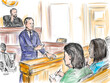 Pastel pencil pen and ink sketch illustration of a courtroom trial setting lawyer of defendant, plaintiff, addressing jury with judge on a court case drama in judiciary court of law and justice.