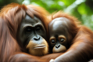 Young orangutan sleeping mother zoo female orang eating rehabilitation forest jungle baby cute asia animal creature swing ape sabah expressive monkey simian endangered