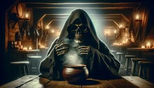 A Skeleton In A Black Cloak Is Sitting At A Table In A Dark Tavern, Stirring A Pot Of Soup.