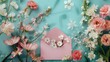 A flat lay showcasing spring blooms nestled in a charming pink envelope as a delightful surprise for Mother s Day