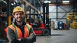 © ORG - A male employee stands and smiles looking at the camera. Forklift inside industrial warehouse