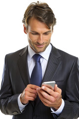 Wall Mural - Businessman viewing a message on a mobile phone - transparent background - PNG file