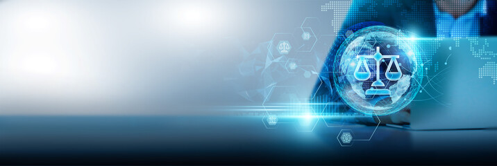 The legal technology network facilitates legal research, document management, and case analysis. Businessman using laptop connected to legal databases and AI-powered tools on the global LegalTech.
