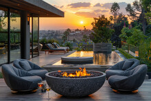 A Photo Of An Elegant Concrete Fire Bowl With Burning Flames, Centered On The Patio In Front Of A Modern Home Overlooking California's Rolling Hills At Sunset. Created With Ai