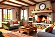 Charming living room with a glowing fireplace, Relaxing ambiance with lit fireplace in living room, Warm and inviting living room setting.