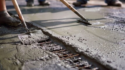 Masons expertly level out freshly poured concrete using trowels their skilled hands spreading and shaping the mixture This process forms a sturdy floor slab as the concrete workers work on l