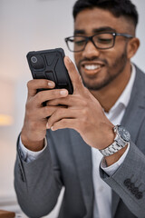 Canvas Print - Mexican man, phone and networking in office, employee and email business contact or typing. Male person, glasses and online for research in workplace, lawyer planning and internet for legal website