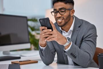 Aufkleber - Man, phone and networking in office, employee and email app for business contact or typing. Male person, glasses and online for research in workplace, lawyer planning and internet for legal website