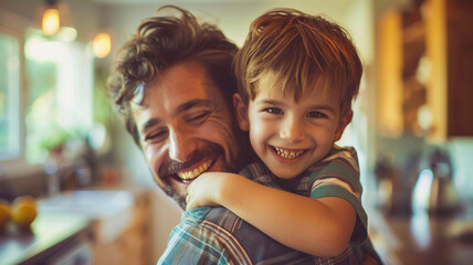 A father and his little boy smile at each other and share a hug