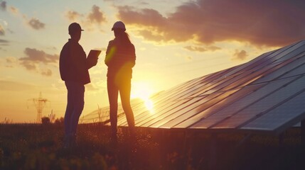 Wall Mural - Two solar engineers in the lights after sunset