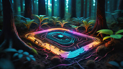 Sticker - Neon circuit cables on forest floor