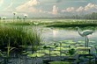 A vibrant wetland ecosystem with marsh grasses, water lilies and herons