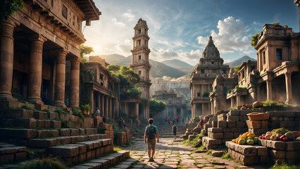 In the image, a person wearing a backpack stands in the center of an ancient city. The sun is setting behind the ruins, casting a warm glow over the scene. The sky is a mix of blue and clouds.