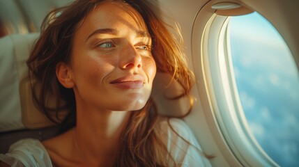 Inside the aircraft, the woman stows her luggage in the overhead compartment before taking her seat by the window, eager to enjoy the view during the flight