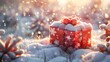 Red gift box scene poster background in snow