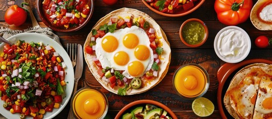 Wall Mural - Assorted vibrant Mexican breakfast dishes spread out on a table