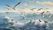  A flock of seagulls gracefully gliding over the shimmering ocean waves 