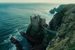 A regal Scottish castle perched atop a rugged cliff, overlooking sweeping moorlands and the crashing waves of the North Sea below, Generative AI