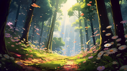 Wall Mural - beautiful view in the forest illustration