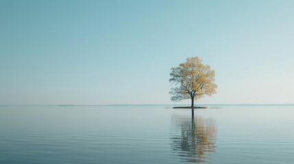 Wall Mural - Illustration of a serene lake with a single tree on the shore under a clear blue sky, in a minimalist style