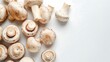 Natural edible mushrooms, champignons on white background 