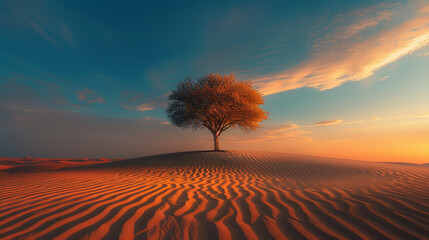 Wall Mural - A solitary tree stands amid desert dunes under a dusk sky, casting long shadows, ai generated