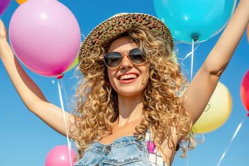 a young woman joyfully releasing colorful balloons into a clear blue sky, the essence of freedom and