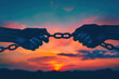 A pair of hands breaking through chains against a dramatic sunset backdrop, symbolizing the triumph of freedom and liberation.