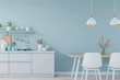 © JuanM - Elegant kitchen interiors in pastel blue tones with a modern minimalist style. Interiors composition.