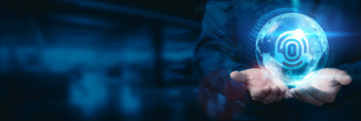 Businessman hold global digital forensics globe with network connected to cybersecurity analytics and incident response. Business development technology to enhance innovative security ideas.