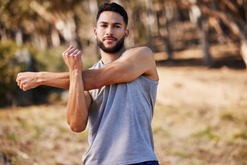 Wall Mural - Fitness, sport and man stretching, warm up for wellness, performance of strong body in training. Male athlete, runner and health for muscle flexibility, exercise and workout outdoors in nature