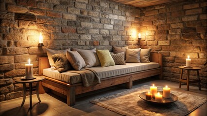 Wall Mural - Modern living room with wooden sofa and candles.
