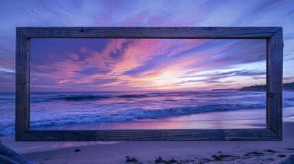 Canvas Print - Photo frame on the beach at sunset with ocean and clouds in the sky