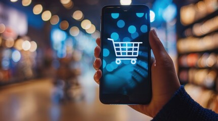 Wall Mural - A hand holding a smartphone with a shopping cart icon on the screen, symbolizing online shopping convenience. 