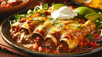 Wall Mural - Savor the classic flavors of Mexico with some mouthwatering Enchiladas topped with creamy sour cream