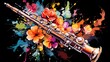 Abstract and colorful illustration of a clarinet on a black background with flowers