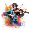 Abstract and colorful illustration of a man playing violin on a white background