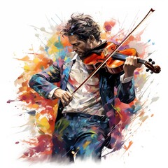 Wall Mural - Abstract and colorful illustration of a man playing violin on a white background