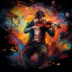 Wall Mural - Abstract and colorful illustration of a man playing violin on a black background