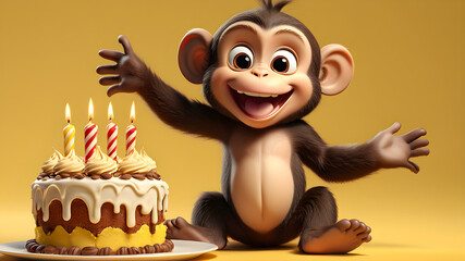 cute happy monkey maimun with birthday cake on yellow background