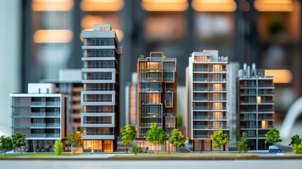 Wall Mural - Miniature modern condo building models arranged in a row with varying heights, showcasing the diversity of housing options in urban areas. 