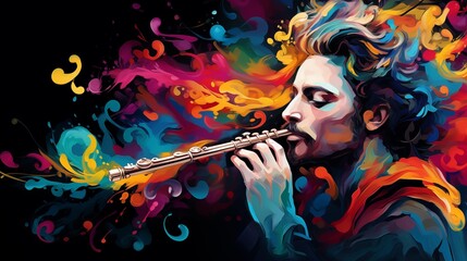 Abstract and colorful illustration of a man flute guitar on a back background