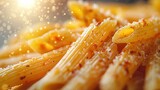 Fototapeta Do pokoju - Penne pasta in tomato sauce with chicken, tomatoes decorated with parsley, Close up. Generative Ai. 