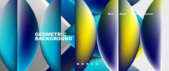 Aqua and Electric blue graphics create a symmetrical pattern of circles and arrows on a blue and yellow geometric background, resembling an organism in motion