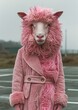 Funny sheep in a pink coat on the street in the rain. Generative Ai. 